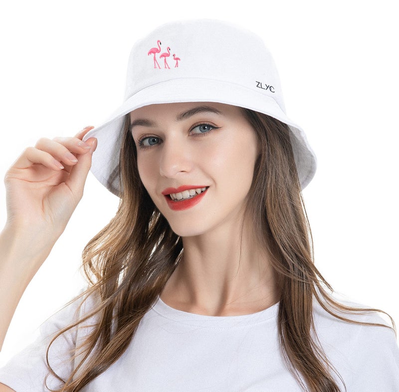 ZLYC Unisex Fashion Embroidered Bucket Hat Summer Fisherman Cap for Men Women Teens (White Flamingo) - Image 3